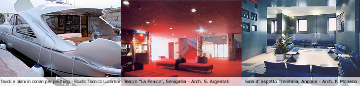 Tavoli e piani in corian per pershing - Studio Tecnico Lucertini -- Teatro "La Fenice"  Senigallia, Arch. S. Argentati -- Sala d'aspetto Trenitalia, Ancona - Arch. P. Monaco